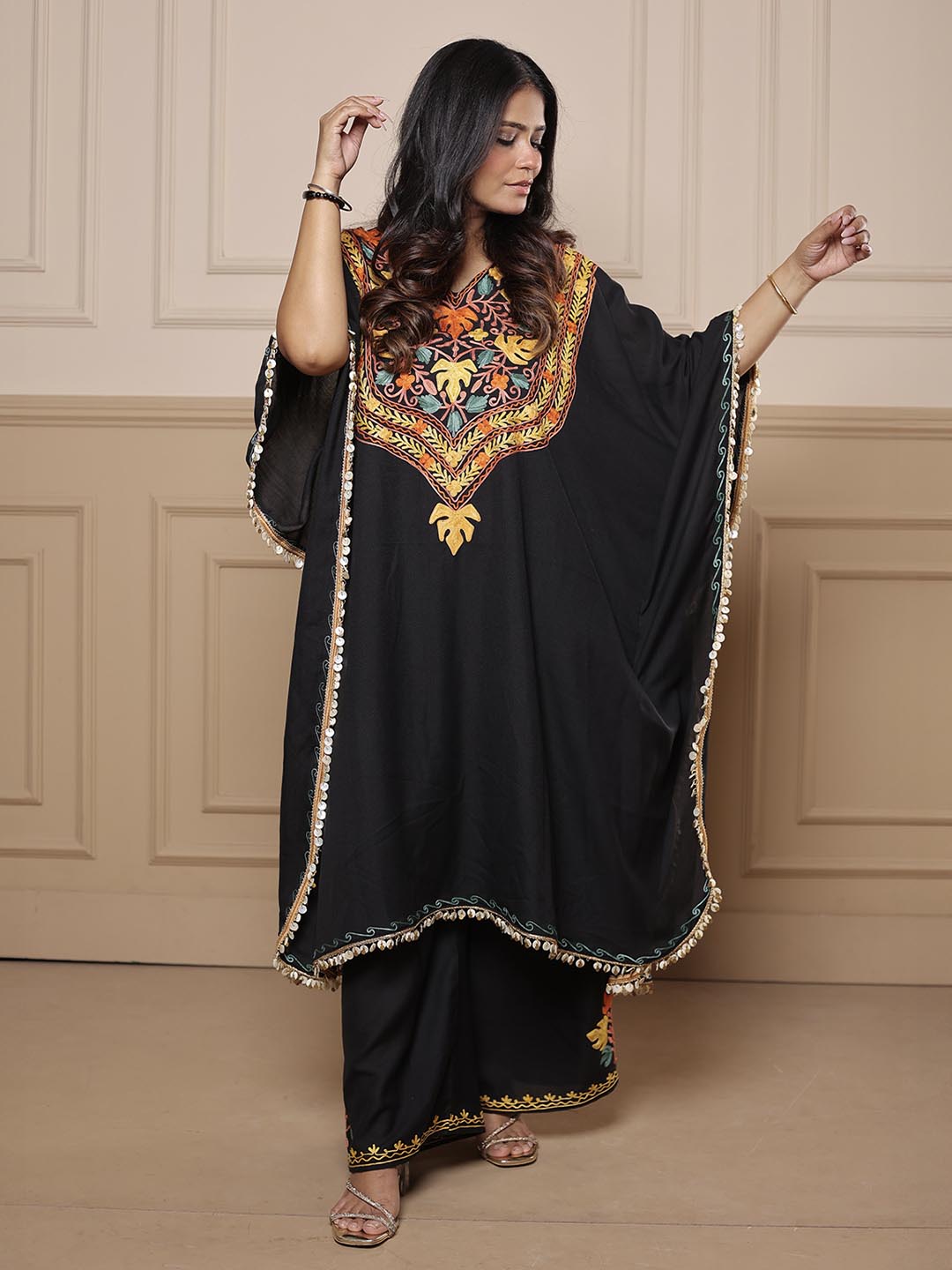 Kashmiri Chinar Kaftan Set - Black