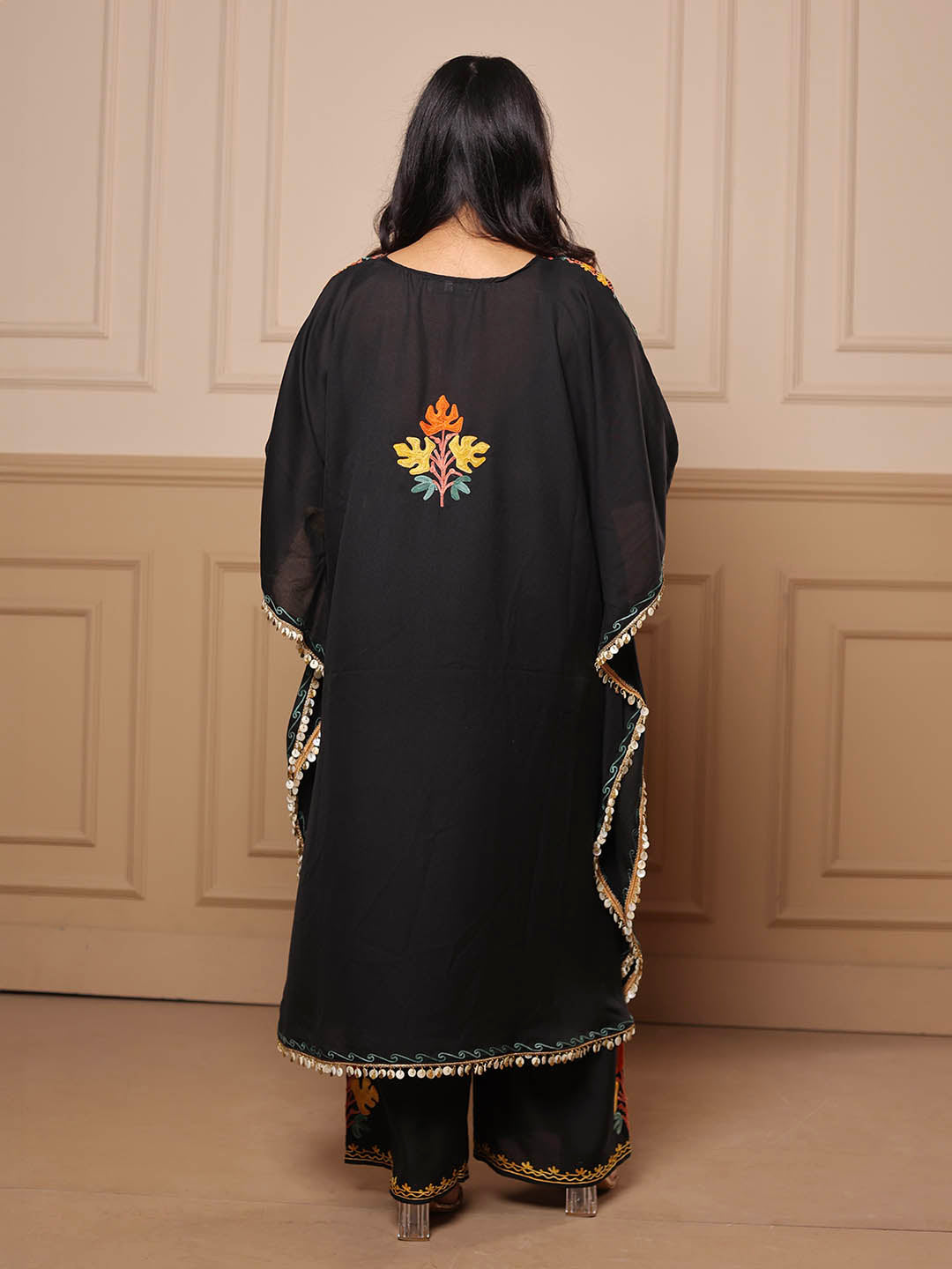 Kashmiri Chinar Kaftan Set - Black