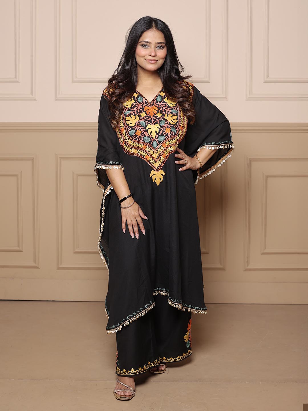 Kashmiri Chinar Kaftan Set - Black