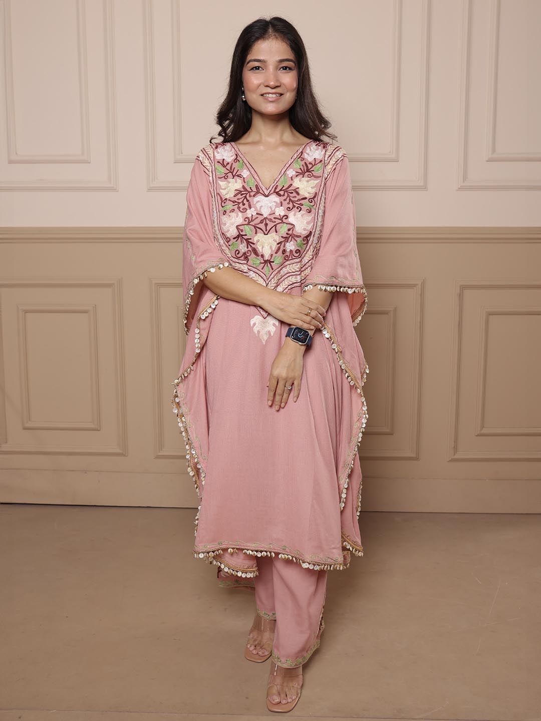 Kashmiri Chinar Kaftan Set - Pastel Pink