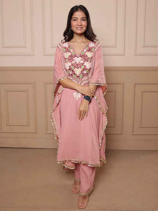 Kashmiri Chinar Kaftan Set - Pastel Pink